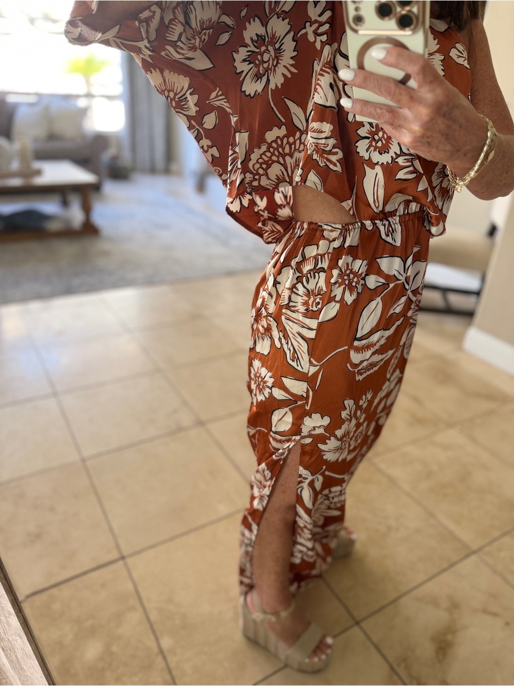 Rust Floral Maxi Dress with Side Slit and Relaxed Fit - Picture 8 of 13